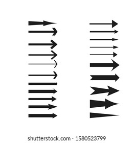 Arrows collection. Black arrow direction signs forward and down for navigation or web download button isolated vector narrow, right and recycle arrowhead symbols set. Vector illustration.