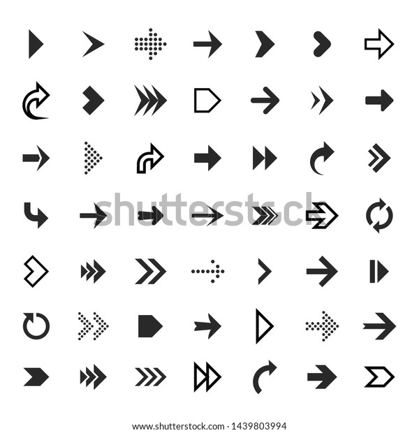 Arrows collection. Black\
arrow direction signs forward and down for navigation or web\
download button isolated vector narrow, right and recycle arrowhead\
symbols set