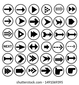 Arrows collection. Black Arrow icons direction in circle  signs forward to next for navigation or web