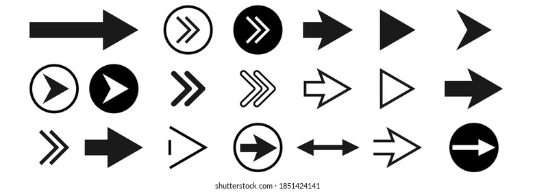 Colección Flechas en negro. Iconos de flecha hacia delante aislados sobre fondo blanco. Esquema de círculo delgado con pictograma de navegación. Puntero de forma triangular. Botón Cursor en plano. EPS vectorial 10