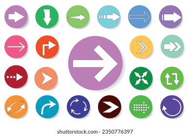 Arrows. Collection of flat modern icons with arrows, on multicolored circles with gradient and shadow on white background. Internet button. Modern style. Vector illustration.