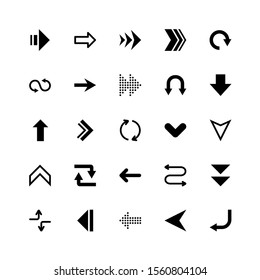 Colección Flechas que muestra diferentes direcciones para navegar o cargar botones Web. Flecha negra como puntero para hacer avanzar el cursor hacia abajo y alrededor de la página diseño iconos vectoriales conjunto de caracteres