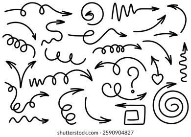 Arrows collection. Sketch. Hand drawn black pointers. Vector illustration. Group of arrows of different shapes, spiral, round, curved, curls. Outline on isolated white background. Doodle style.