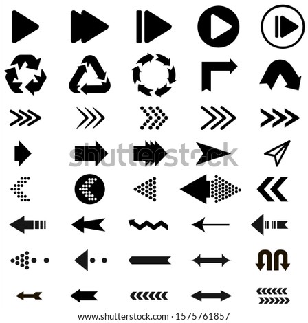 Arrows collection. Triangle shape Recycling. Black arrow direction signs forward and down for navigation or web download button isolated vector arrow, right and recycle arrowhead symbols set. 