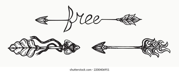 Arrows collection with, free, fire, retro style, simple doodle drawing, gravure style