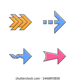 Arrows color icons set. Double, dotted, twisted, wide next. Arrowhead showing right direction. Pointing symbol. Pointer, indicator. Direction move. Isolated vector illustrations