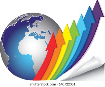 arrows of color of rainbow and globe on the white sheet of paper