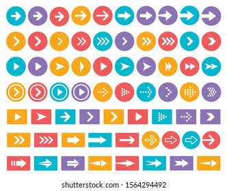 Arrows color vector icon set. Arrow in circle and rectangle isolated symbols pack. Next, forward, previous buttons colorful signs bundle. Cursors pictograms collection, material icons.
