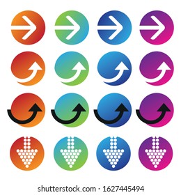 Arrows with colored circles web button design elements. Download or direction icons.