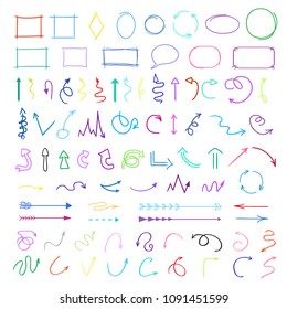 Arrows. Colored infographic elements on white background. Hand drawn simple symbols. Line art. Set of different pointers. Abstract indicators. Doodles for work. Art creation