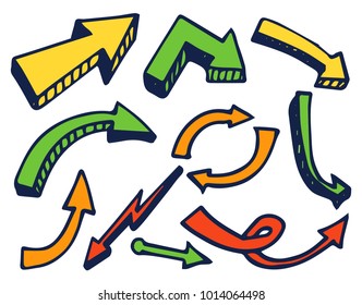 Arrows colorful set of hand drawn elements, lines with pointer in different directions, shadow and color, vector illustration isolated on white
