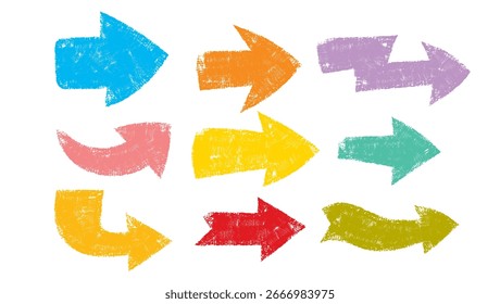 Setas conjunto de vetores colorido, Setas de cores desenhadas à mão, ponteiros de direção decorativos marcador de doodle coleção de design de elemento