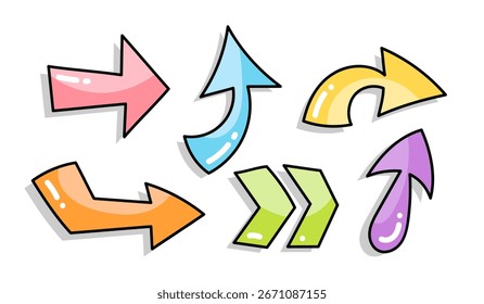 Conjunto de Vector colorido de flechas, flechas de color dibujadas a mano, colección de diseño de elemento de punteros de dirección decorativa de doodle