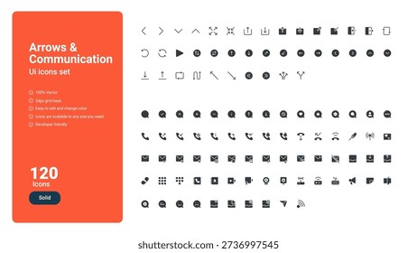Arrows and Communication UI Icons Set includes 120 clean and modern Solid icons designed for navigation, messaging, and interaction in web and mobile applications.

All icons are 100% vector, built on a 24px grid, fully scalable, and easy to customize.
Perfect for UI navigation, onboarding flows, messaging systems, dashboards, and SaaS products.