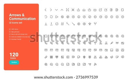 Arrows and Communication UI Icons Set includes 120 clean and modern Outline icons designed for navigation, messaging, and interaction in web and mobile applications.

All icons are 100% vector, built on a 24px grid, fully scalable, and easy to customize.
Perfect for UI navigation, onboarding flows, messaging systems, dashboards, and SaaS products.