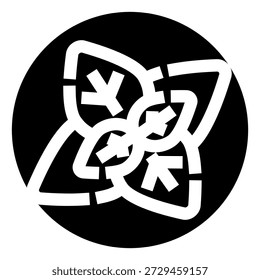 Arrows converging towards the center forming a cohesive design, symbolizing collaboration, focus, and intricate connection within a modern black and white icon