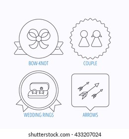 Arrows, couple and wedding rings icons. Bow-knot linear sign. Award medal, star label and speech bubble designs. Vector