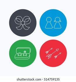 Arrows, couple and wedding rings icons. Bow-knot linear sign. Linear icons on colored buttons. Flat web symbols. Vector