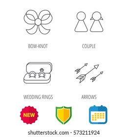 Arrows, couple and wedding rings icons. Bow-knot linear sign. Shield protection, calendar and new tag web icons. Vector