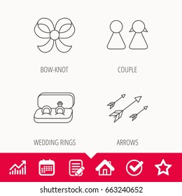 Arrows, couple and wedding rings icons. Bow-knot linear sign. Edit document, Calendar and Graph chart signs. Star, Check and House web icons. Vector
