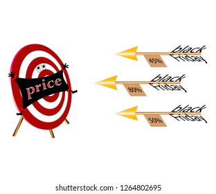 arrows with a crazy discount and plumage from the text Black Friday fly to the target with the inscription Price