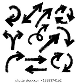 Arrows. Creative doodle. Hand drawn. Black icon isolated on white background. Vector EPS 10. Elements for business infographic. Navigation symbol system. Set.	