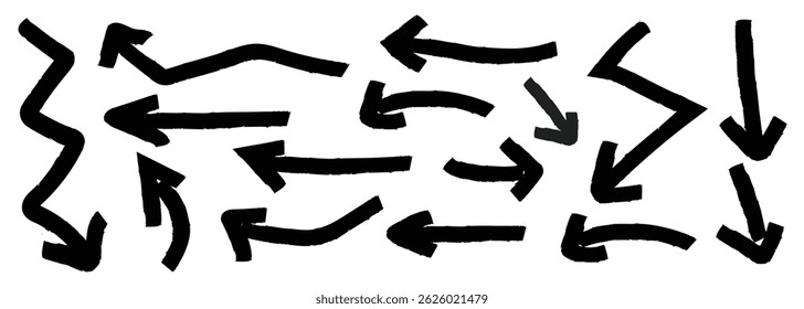 Arrows, crown, brush stroke. doodle sketch. Set of black hand drawn grunge doodle spiral and curved charcoal, grunge arrow vector.