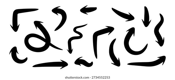 Setas cursores escovas lineares de diferentes formas desenhadas à mão livre, Setas Doodle direção scrapbook adesivos para notas.