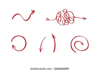 Flechas curvadas. Dibujado a mano Marcador Doodle abstracto de flechas de dirección de garrapatas vectorial. Esperanza de senderos y realidad. Ilustración vectorial en fondo blanco.