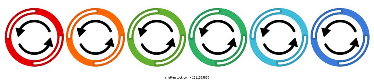 Arrows cyclic rotation icons, two arrows recycling recurrence, renewal line symbols on white background. Vector 6 colors option icon. Vector illustration flat design UI and UX