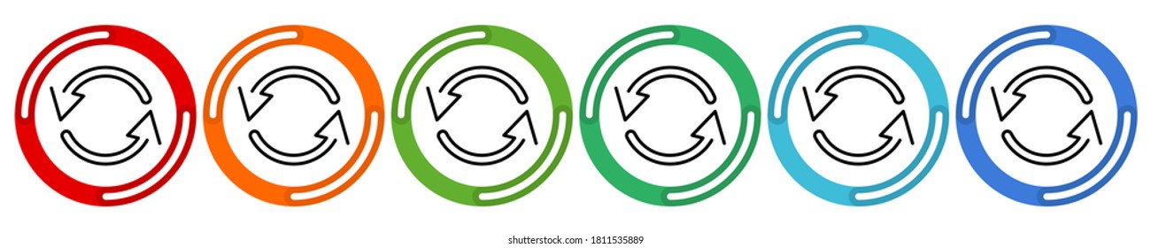 Arrows cyclic rotation icons, two arrows recycling recurrence, renewal line symbols on white background. Vector 6 colors option icon. Vector illustration flat design UI and UX