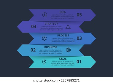 Arrows dark infographic with 5 elements template for web on a black background, business, presentation. Vector