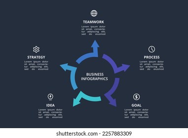 Arrows dark infographic with 5 elements template for web on a black background, business, presentation. Vector