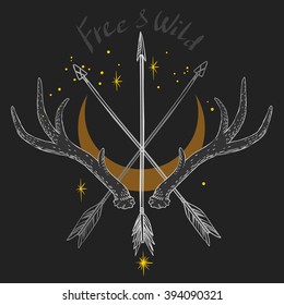 Arrows and deer horns crossed on black background. Vector illustration n boho style