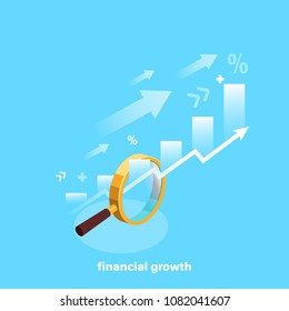 Arrows and diagrams passing through a magnifying glass on a blue background, isometric image