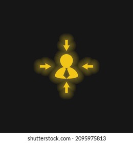 Arrows In Different Directions Pointing To Businessman yellow glowing neon icon