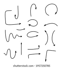 Arrows are of different shapes. Abstract symbol for direction and path indication. Set of Sketch doodle. Turn and return.