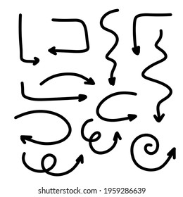 Arrows are of different shapes. Abstract symbol for direction and path indication. Set of Sketch doodle. Turn and return.