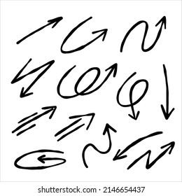 Pfeile verschiedener Formen. Abstraktes Symbol für Richtung und Weganzeige. Set Sketch-Doodle. Dreh und komm zurück.