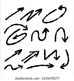 Arrows of different shapes. Abstract symbol for direction and path indication. Set of Sketch doodle. Turn and return.