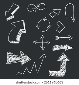 Arrows of different shapes, hand drawn line art, vector chalk drawing on black background