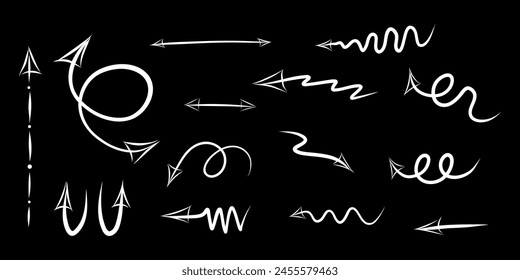 Arrows of different shapes on black background, in Doodle style, vector illustration