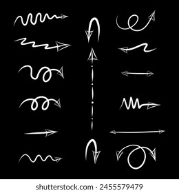 Flechas de diferentes Formas sobre fondo negro, en estilo Doodle, Ilustración vectorial