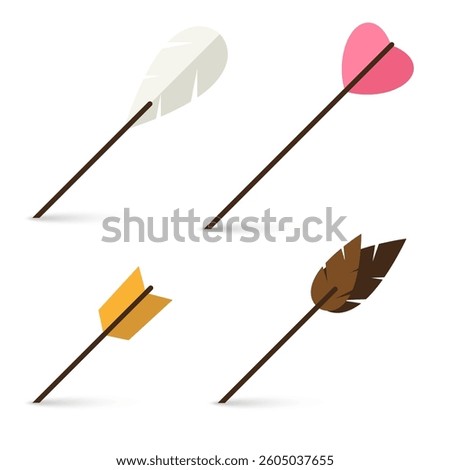 Arrows of different shapes stuck into the ground. 3D realistic vector illustration isolated on white.