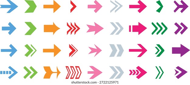 Flechas en diferentes estilos, símbolos de flecha de color. Colección de diferentes signos de flechas. Modernas flechas simples. 