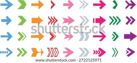 Arrows in different styles, Colored arrow symbols. Collection different arrows sign. Modern simple arrows. 