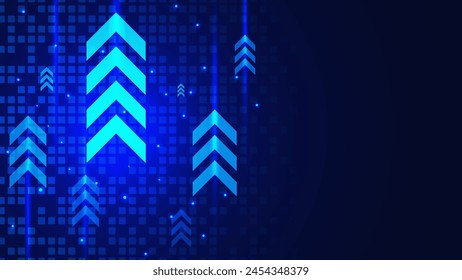 Up arrows with digital pixels and glowing particles. Business, stock market, forex trading, financial investment and profit money concept background. Vector illustration.