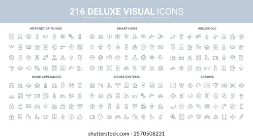 Arrows of direction, household furniture and devices, domestic system control, IOT line icon set. Electric appliances of house, sensors of smart home thin black outline symbols vector illustration