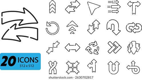Arrows and Direction Icon Set: 20 Outline Vector Illustrations Representing Movement and Navigation