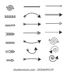 Arrows direction of movement, a set of black arrows of different shapes dotted twisted pointers landmarks. Vector elements isolate.